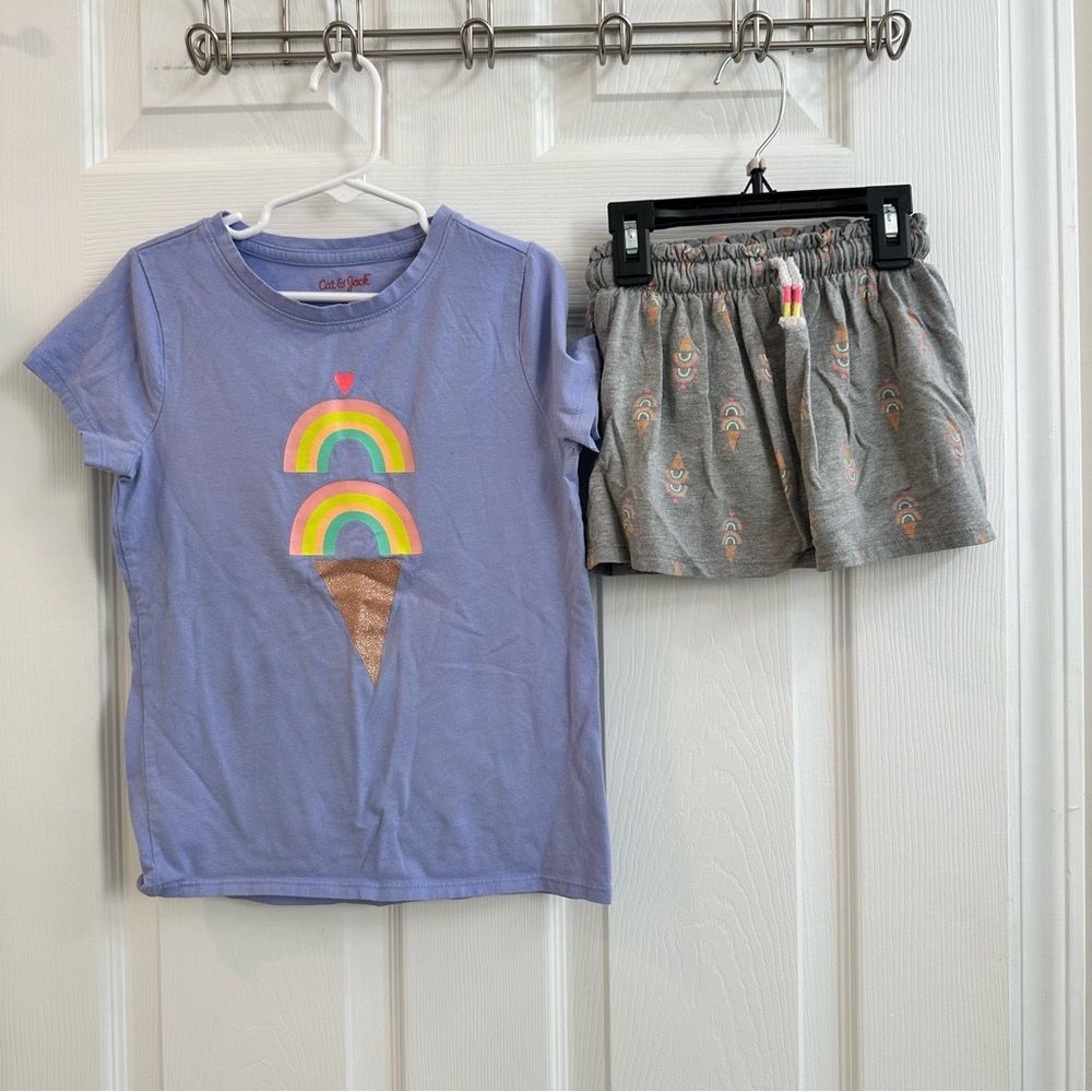 Cat and Jack girls ice cream rainbow ss shirt and skort set blue gray size 4/5